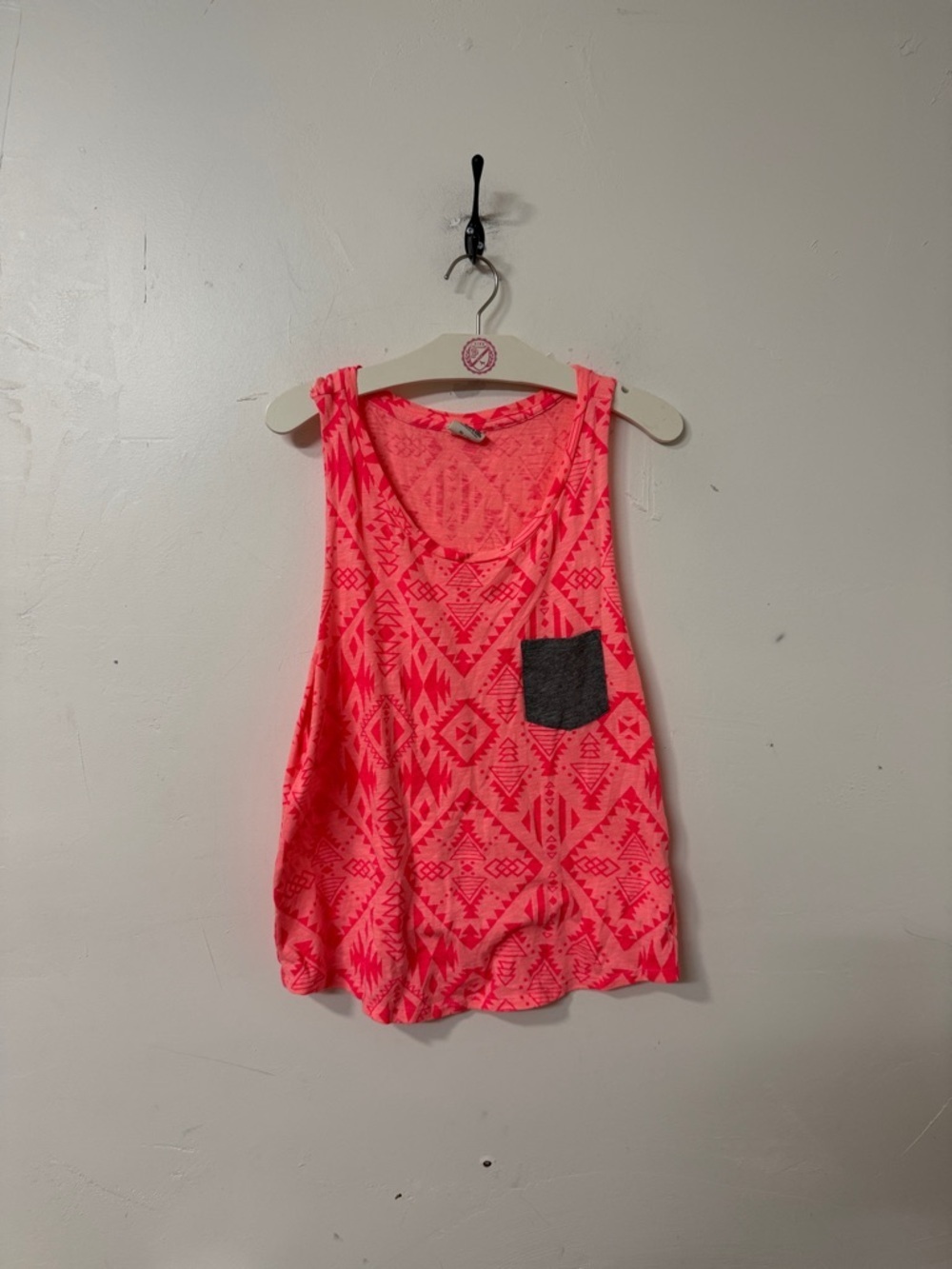 Women's Neon Coral Tribal Print Tank with Contrast Pocket 2014  Y2K